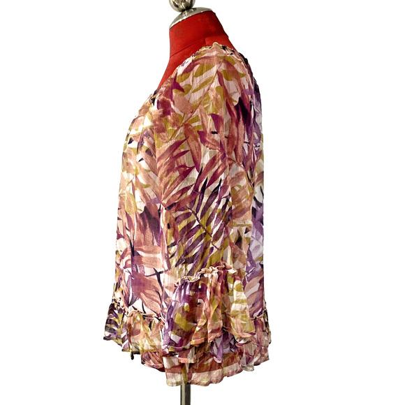 Lucky Brand Top XL Sheer Floral 3/4 Sleeve Peach Purple Peasant Blouse Ruffles - Picture 7 of 10